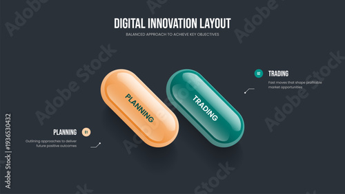 Company Innovation Frame Template Vector Illustration. Product Insight 2 Step Infographic Presentation Design. Sales Strategy Two Option Diagram Slide Layout.