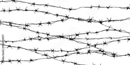 Black barbed wire strands on white background fence