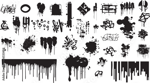 Black graffiti tags and paint splatters on white background