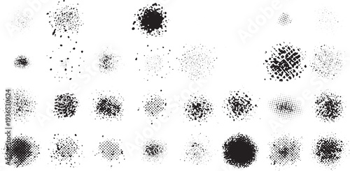 Collection of black ink splatters and halftone dots on white background
