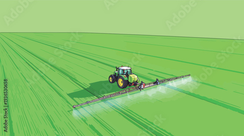 A tractor sprays crops in a large green field under clear skies during daytime. The machine moves carefully over the land.