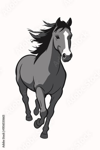 A horse moves quickly forward, showing strength and motion against a plain backdrop. The horse's mane flies in the wind.