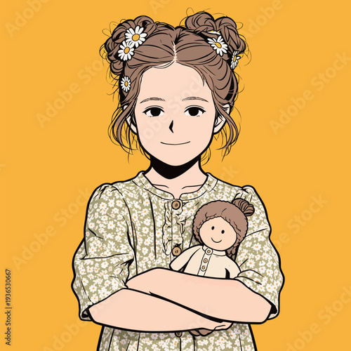 A girl dressed in a floral outfit smiles widely while holding a small doll. The bright yellow background adds to the cheerful scene.