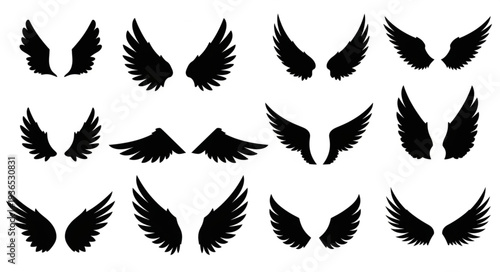 Collection of Black Silhouette Angel Wings Isolated on White Background.