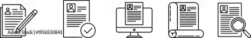 Resume and CV document icon set, job application profile, recruitment review and candidate selection vector line symbols for HR design