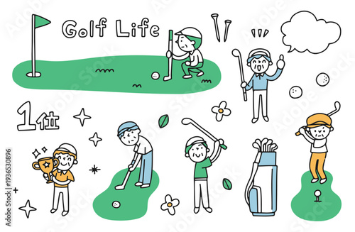 ゴルフを楽しむ年配の男性のイラストセット