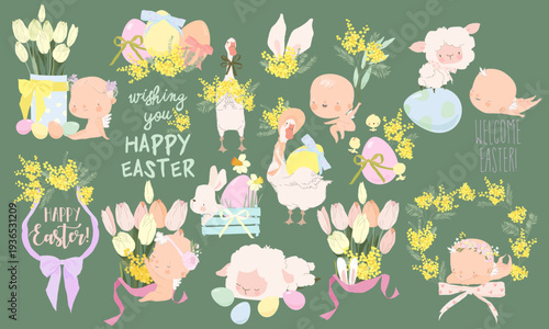 Cartoon Easter Set With Little Cartoon Angels, Ester Eggs and Flowers