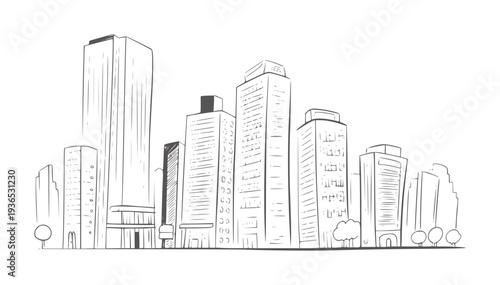 Black and white line of a city skyline with diverse buildings and trees
