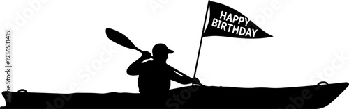 Vector silhouette of person kayaking with Happy Birthday flag