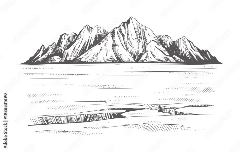 Fototapeta premium Black and white of jagged mountain peaks above a frozen cracked landscape