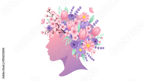 Woman's head filled with vibrant flowers and butterflies