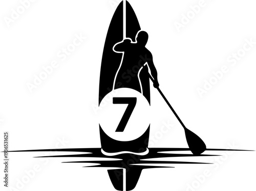 Black vector icon of a person paddleboarding with number 7