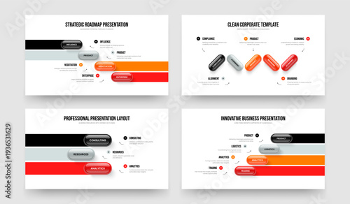 Market Portfolio Four Five Three Step Diagram Frame Design Vector Illustration Collection. Creative Review 4 5 3 Element Infographic Slideshow Layout Bundle.