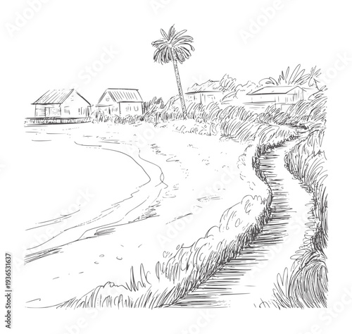 Black and white of a tropical beach with huts and palm tree