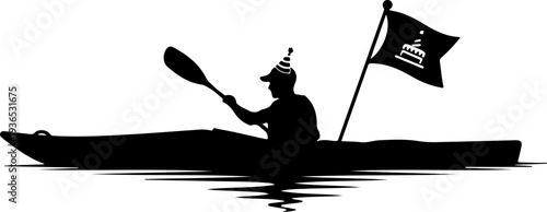 Vector silhouette of kayaker with flag on calm water