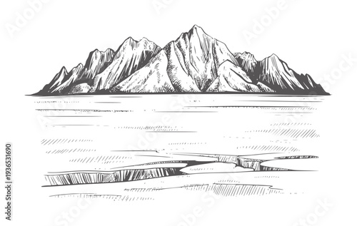 Black and white of jagged mountain peaks above a frozen cracked landscape