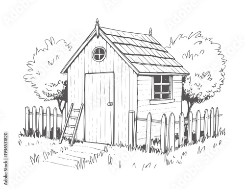 Black and white pencil of a small wooden shed with a ladder and fence house building