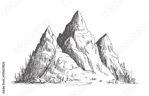 Black and white pencil of jagged mountain peaks and rocky terrain monochrome mountains