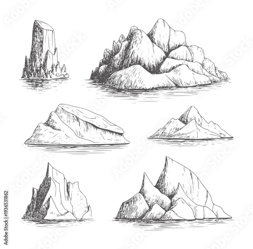Black and white style of various icebergs floating in water monochrome