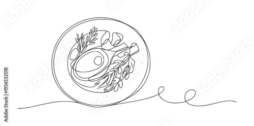 Minimalist single line of a plate of food with garnish