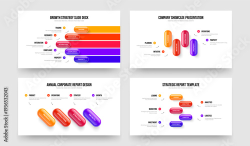 Consulting Overview Five Four Element Infographic Slideshow Design Vector Illustration Bundle. Product Analysis 5 4 Option Diagram Presentation Template Set.