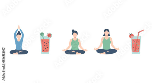 Flat design vector illustration of wellbeing icons including yoga pose, meditation session, and smoothie drink, light colors, white background.