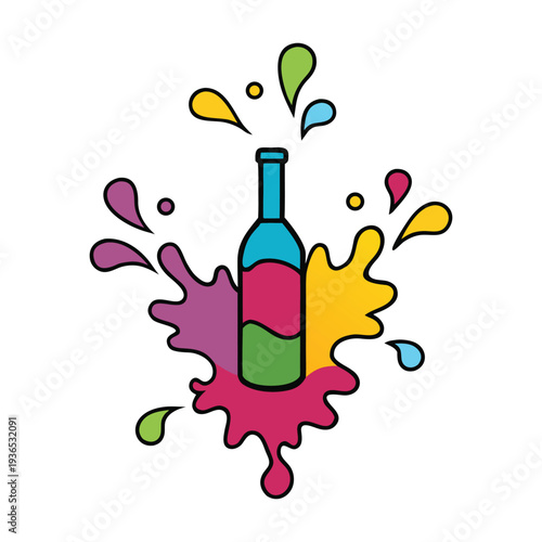 A creative wine illustration formed from vibrant splashes of color. Dynamic liquid shapes swirl into a glass silhouette, blending art and flavor in a lively, modern design full of motion and elegance.