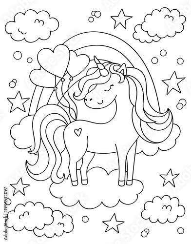 Black and white vector coloring page featuring a cute unicorn cartoon character in fairy tale style. Outline illustration for kids activity book, printable worksheet