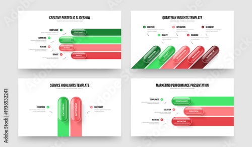 Marketing Solution Four Five Two Three Element Diagram Presentation Layout Vector Illustration Bundle. Consulting Proposal 4 5 2 3 Step Infographic Slideshow Design Set.