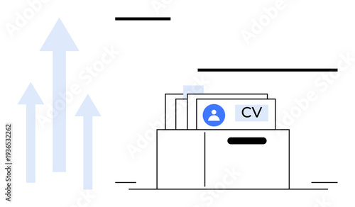 Resume storage concept. A box containing CVs with user icons, organized data management. Resume storage streamlining job searches and improving career growth. For HR, hiring, recruitment, career