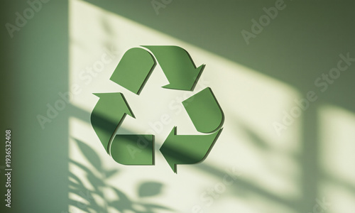 Soft natural light casting subtle eco symbol shadows on pale green wall clean conceptual sustainability background  Generative AI