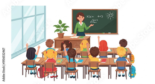 Teacher instructing students in a classroom setting with raised hands.