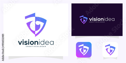 Vision eye tech with shield security logo template. Abstract vector icon gradient.