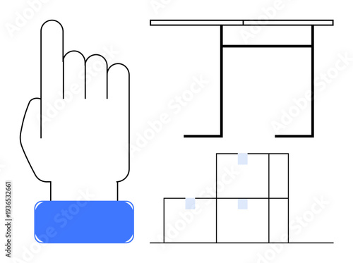 Logistics, e-commerce, storage, shipping, minimalism, digital interaction. Hand with a raised index finger, stacked boxes and a minimalist table. Logistics and e-commerce concept visualization