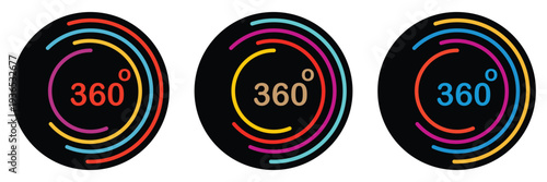 Three hundred sixty degree panoramic view icons on black circle background, colorful circular motion lines for virtual reality tour, immersive experience interface, rotation arrows, 360 degree.