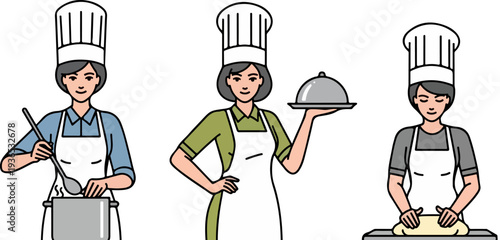 Set of 3 Female Chef and Baker Icons Vector