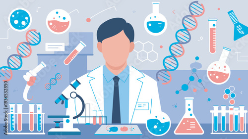 A scientist in a lab coat sits at a laboratory table surrounded by various scientific equipment and DNA models.