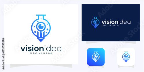 Visionary Lab Logo with Pencil, Eye, and Laboratory Flask vector icon idea.