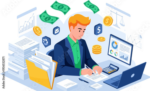 Businessman Managing Finances and Accounting Vector Illustration