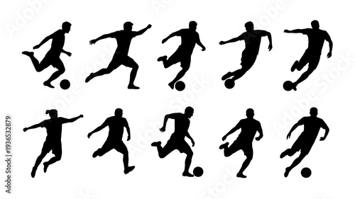 A collection of black silhouettes depicts multiple soccer players in dynamic action poses showcasing various movements and skills high quality professional detailed modern elegant stylish clean