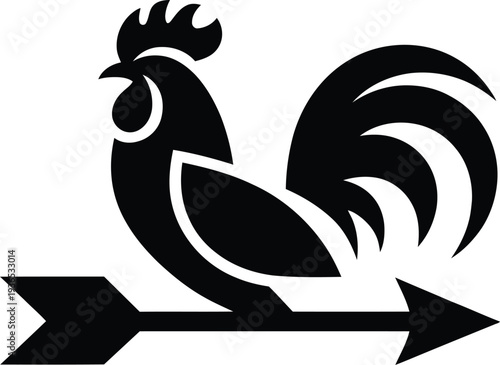 Black silhouette rooster standing on arrow pointing right side  simple graphic design element