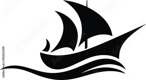 Blacksailingshipiconwithwavesontransparentbackgroundnomast