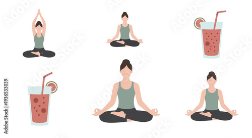 Minimal flat vector depiction of health lifestyle symbols such as yoga, meditation, and smoothie, soft tones, white backdrop.