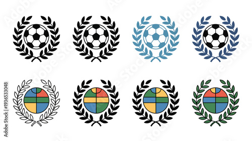 A collection of circular emblems features soccer balls and geometric designs encircled by laurel wreaths in varying color schemes high quality professional detailed modern elegant stylish