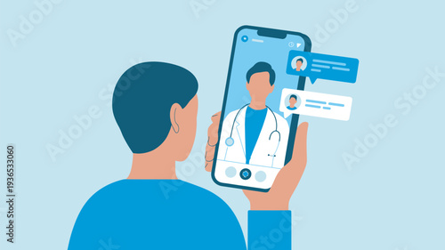 A person is using a smartphone for a telemedicine consultation with a doctor.