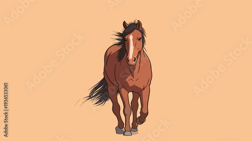 A brown horse walks straight towards the viewer with flowing mane on a simple background in digital art format.