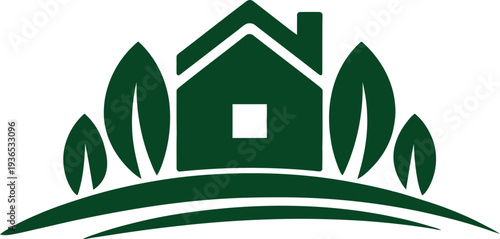 Green house with leafy trees and hill illustration for eco friendly living and nature conservation