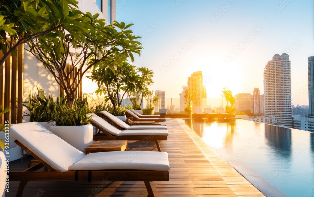 Fototapeta premium Elegant Rooftop Infinity Pool Overlooking Modern Cityscape at Sunset