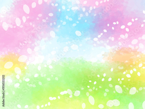 春の桜と花びらの桜吹雪イメージのテクスチャー背景素材。桜と色々な花の咲いた公園風景のイメージ