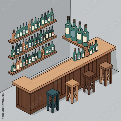 Isometric illustration of a modern wooden bar with stools and liquor bottles.